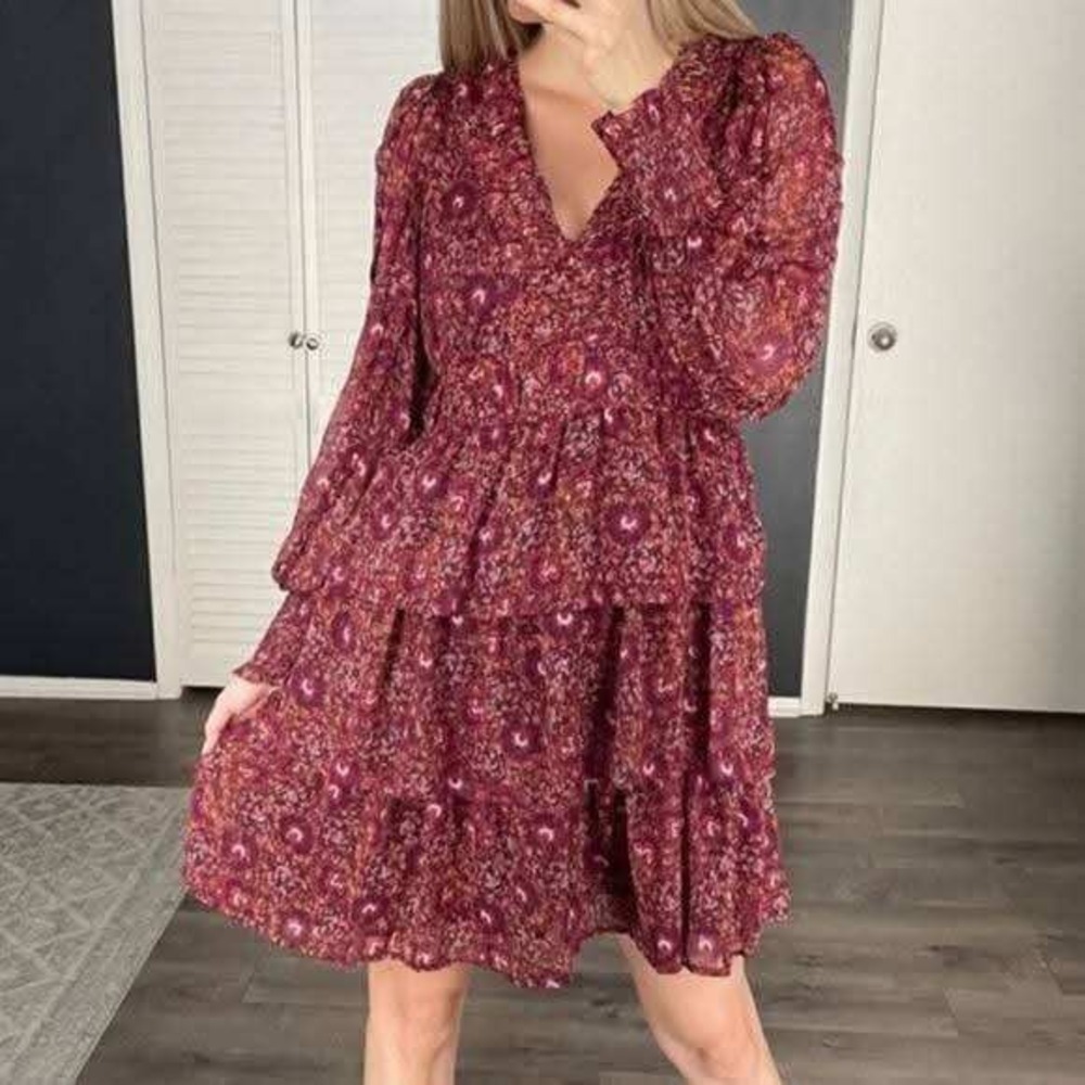 House of Harlow Mini Dress Women 12 Burgundy Floral Tiered Smocked
